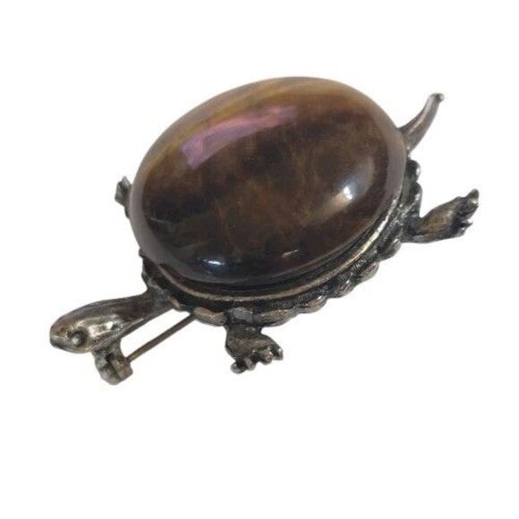 Vintage Shimmering Tigers Eye Stone Turtle Tortoise Brooch Pin - Picture 4 of 7